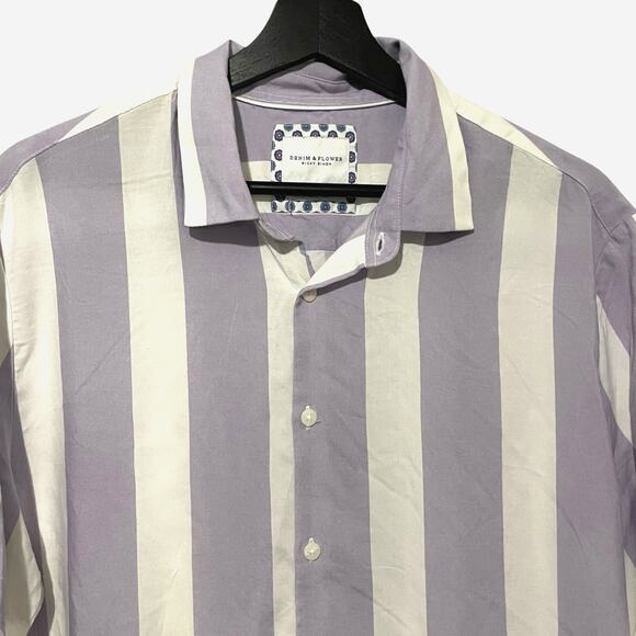 Denim & Flower Mens Button Up Shirt Size Large Purple White Stripes Short Sleeve - Picture 3 of 12